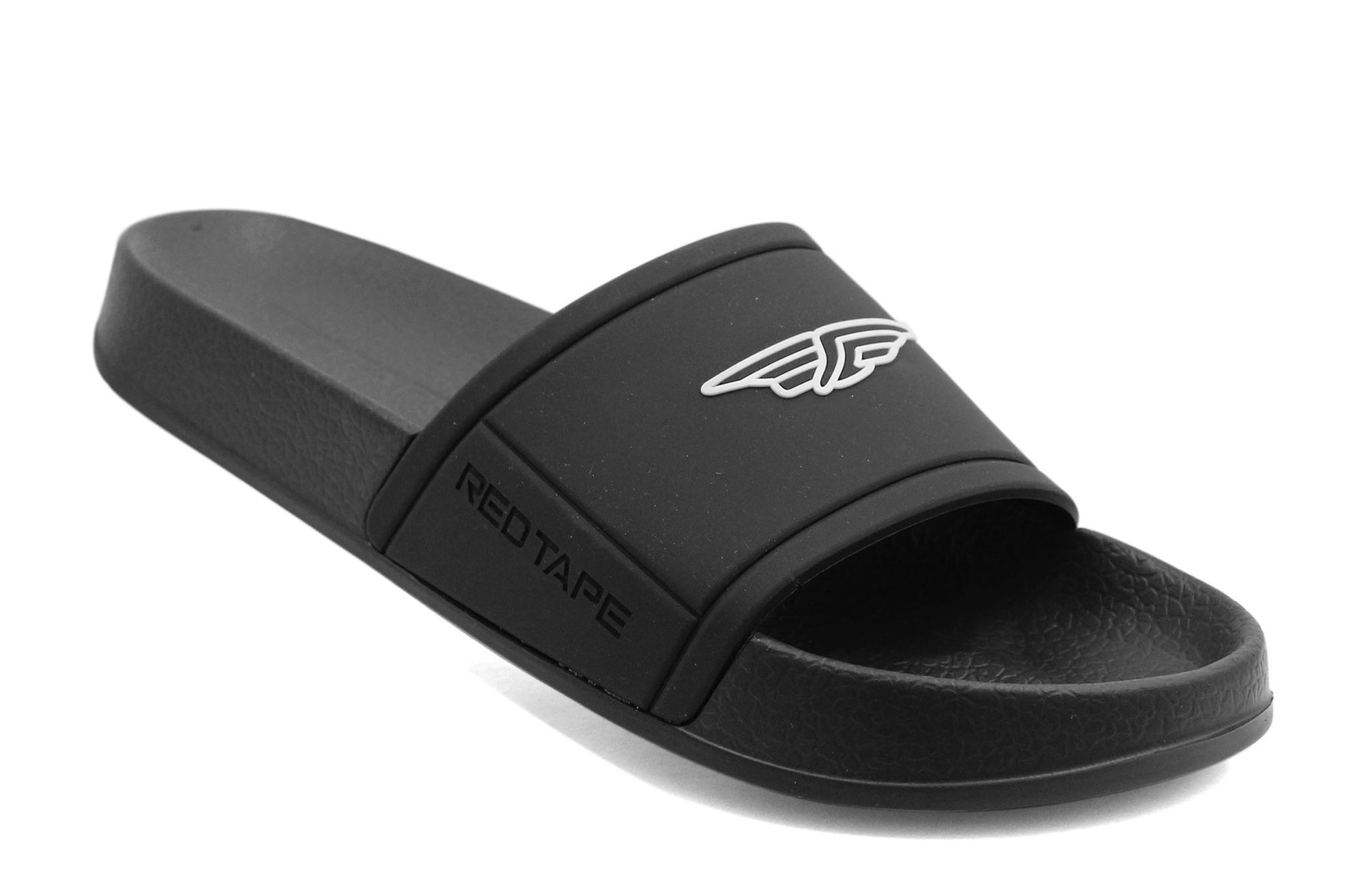 Red Tape Mens All Black Slip On Pool Sliders Sandals