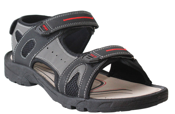 PDQ Mens Black Grey Triple Touch Fasten Hiking Sports Sandals