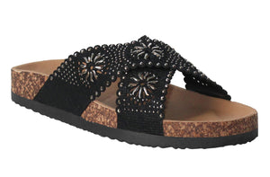 Womens Black Diamante Flat Crisscross Strap Sandals