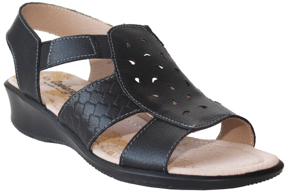 Coolers Womens Black Leather Elasticated Slip On Sandals