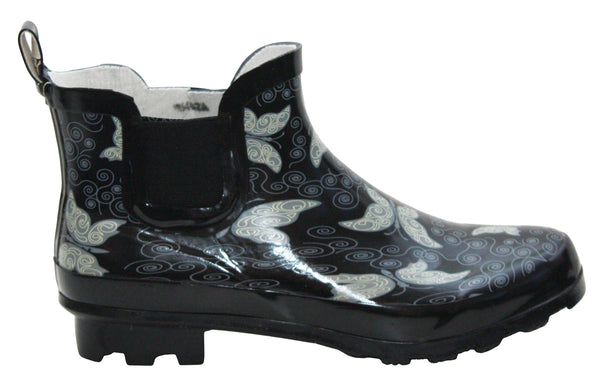 Womens Black Butterfly Short Wellington Ankle Wellies Boots