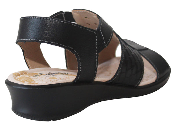 Coolers Womens Black Leather Elasticated Slip On Sandals