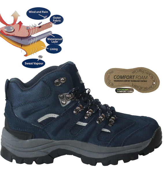 Wyre Valley Womens Navy Waterproof Genuine Leather Lace Up Memory Foam Hiking Boots