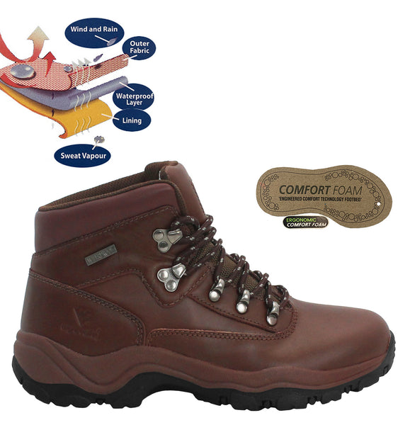 Wyre Valley Mens Brown Leather Waterproof Lace Up Memory Foam Hiking Boots