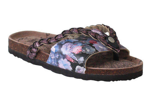 Womens Purple Floral Slip On Suede Multi Toe Post Flip Flop Cork Sandals