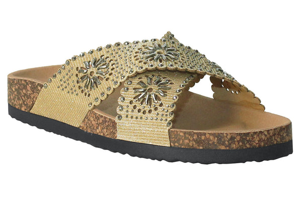 Womens Gold Diamante Flat Crisscross Strap Sandals