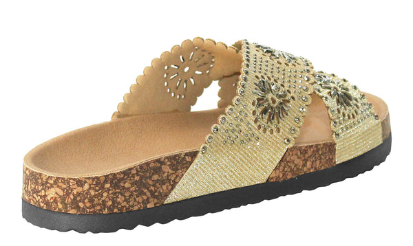 Womens Gold Diamante Flat Crisscross Strap Sandals