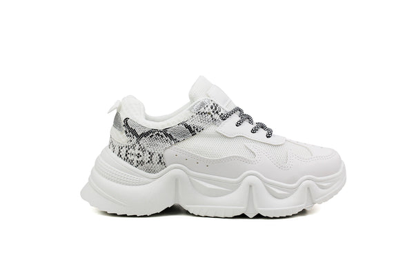 Womens Ladies White Snake Print Lace Up Chunky Thick Platform Sole Trainers