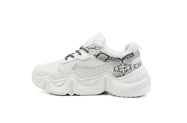 Womens Ladies White Snake Print Lace Up Chunky Thick Platform Sole Trainers