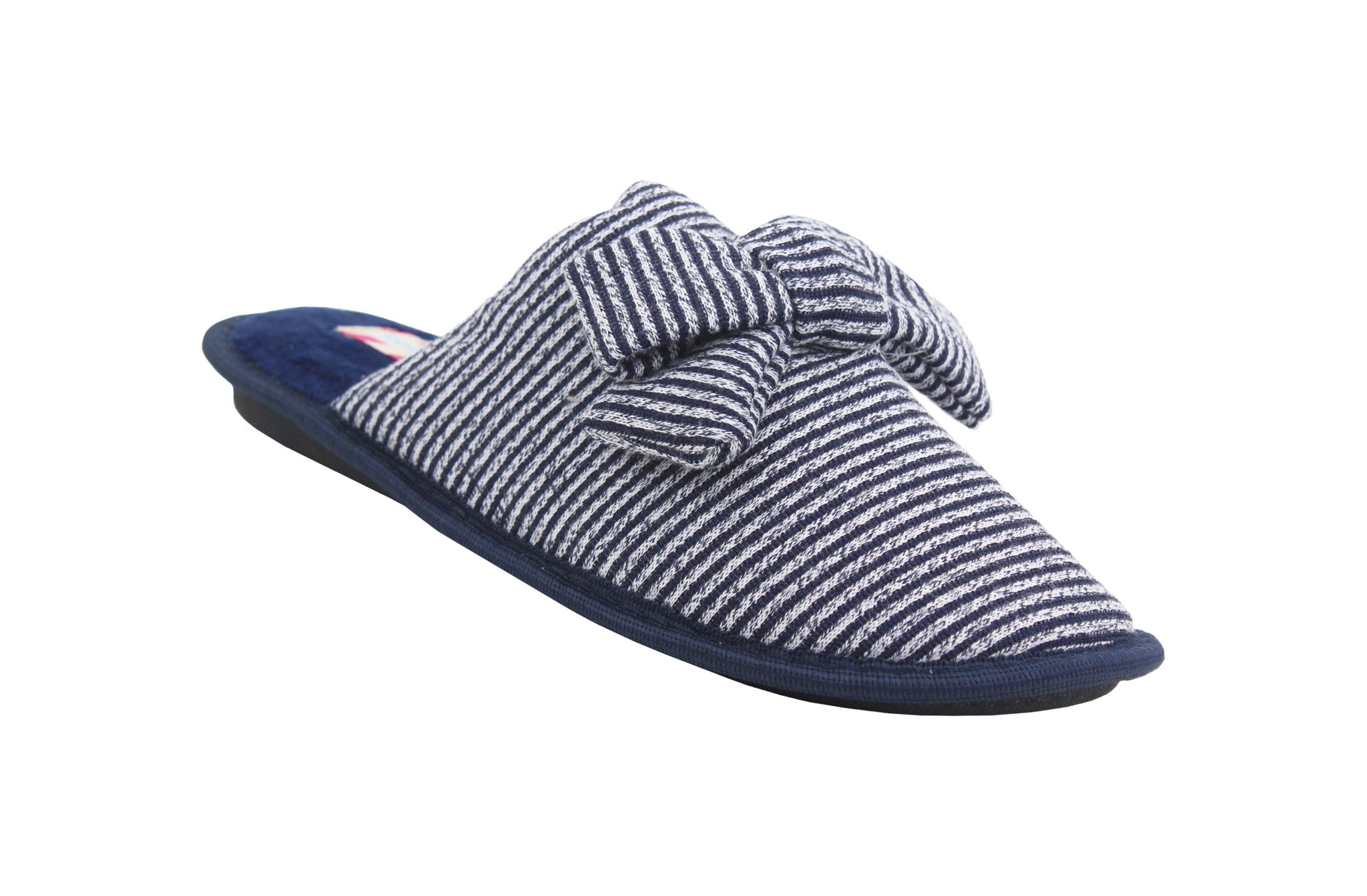 Womens Navy Bow Slip On Lightweight Warm Lined Mules Slippers