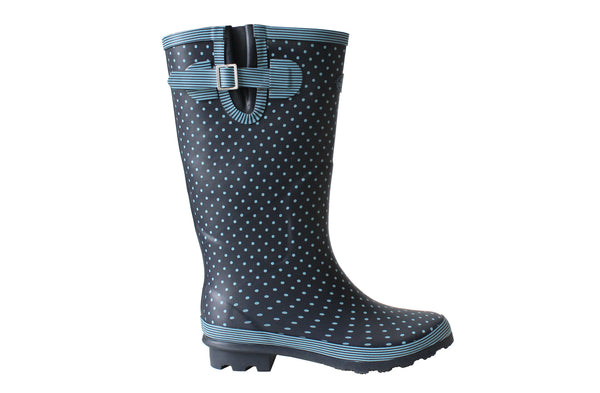 Womens Navy Blue Polka Dot Adjustable Calf Wellies