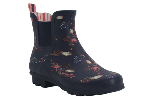 Womens Navy Pink Floral Short Wellington Ankle Wellies Boots