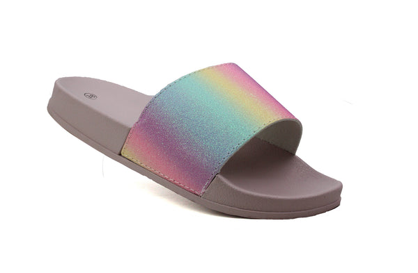 Womens Pink Multi Rainbow Slip On Pool Sliders Sandals