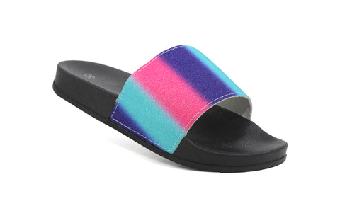 Womens Black Multi Rainbow Slip On Pool Sliders Sandals