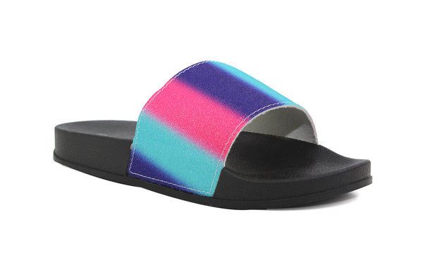 Womens Black Multi Rainbow Slip On Pool Sliders Sandals