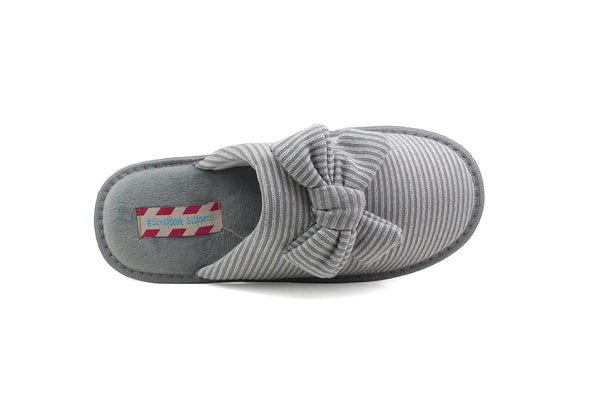 Womens Grey Bow Slip On Lightweight Warm Lined Mules Slippers