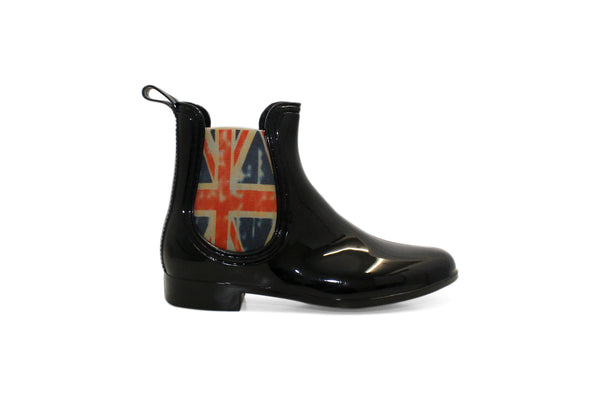 Womens Black Union Jack Ankle High Wellies Waterproof Chelsea Boots