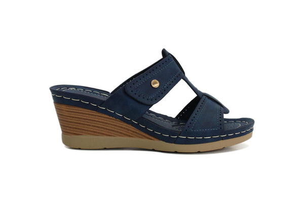 Cushion Walk Womens Navy Wedge Heel Slip On Touch Fasten Mules Sandals