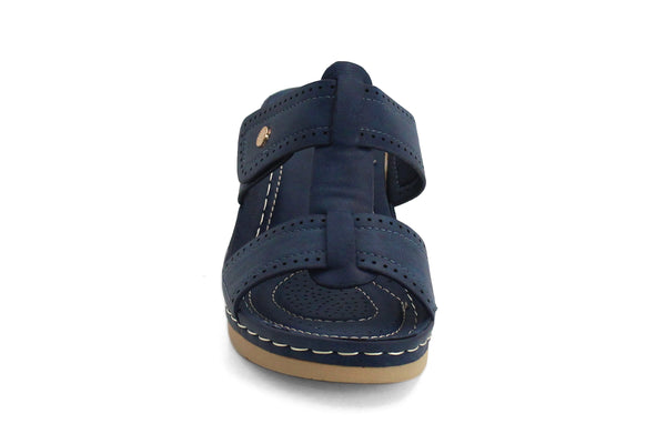 Cushion Walk Womens Navy Wedge Heel Slip On Touch Fasten Mules Sandals