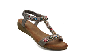 CIPRIATA Womens Pewter Low Wedge Slip On Slingback Jewelled Sandals