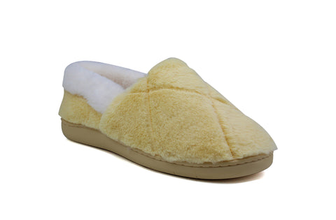 Womens Yellow Fluffy Velour Quilted Slip On Winter Slippers