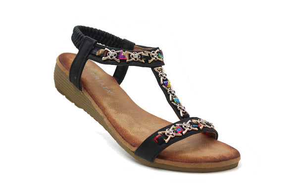 CIPRIATA Womens Black Low Wedge Slip On Slingback Jewelled Sandals