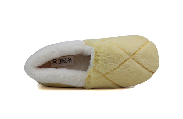 Womens Yellow Fluffy Velour Quilted Slip On Winter Slippers