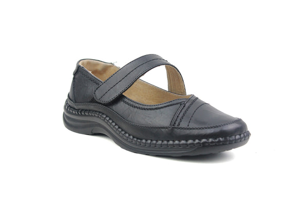 Womens Ladies Black EEE Extra Wide Fitting Touch Fasten Mary Jane Loafers