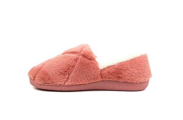 Womens Pink Fluffy Velour Quilted Slip On Winter Slippers