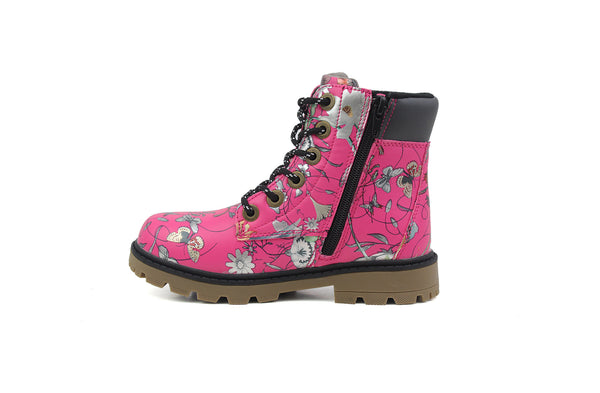 CIPRIATA Girls Kids Pink Metallic Floral Print Lace Up Combat Boots
