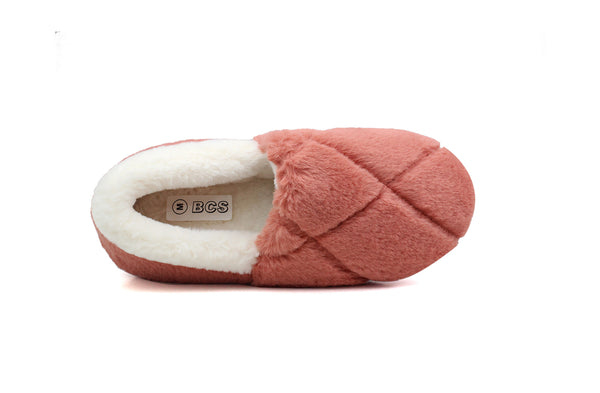 Womens Pink Fluffy Velour Quilted Slip On Winter Slippers