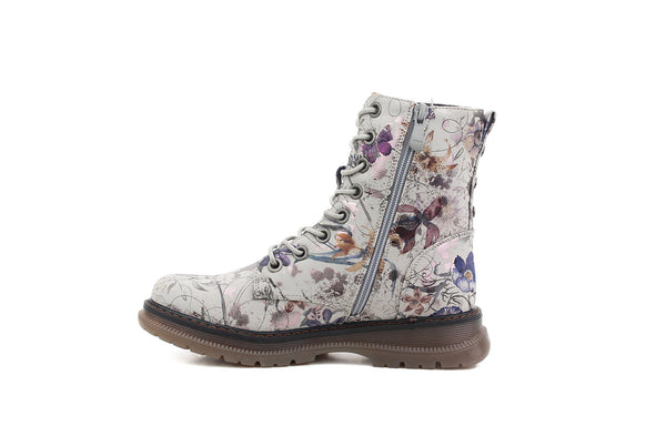 CIPRIATA Womens Grey Floral Lace Up Side Zip Memory Foam Ankle Combat Boots