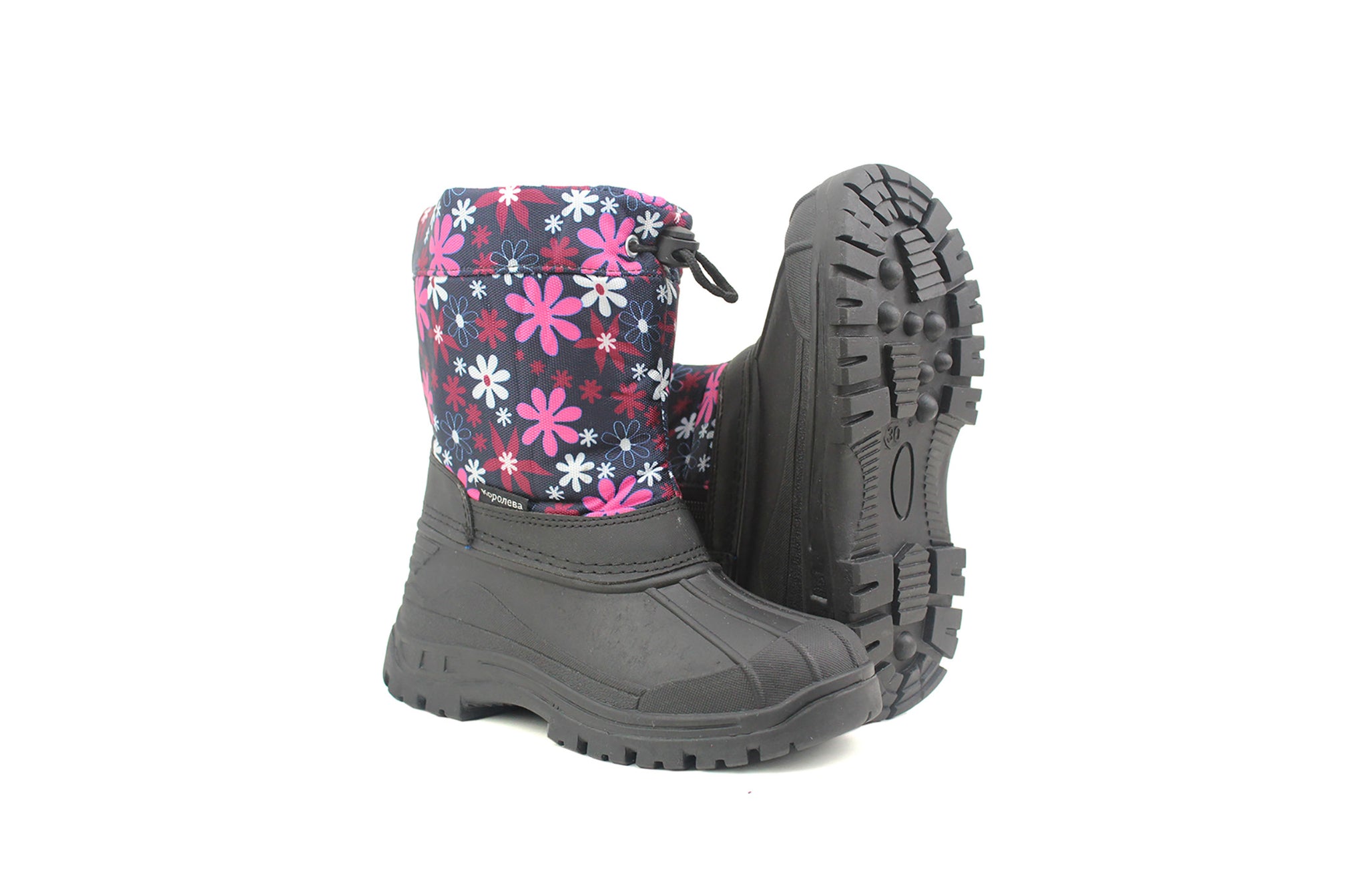 Girls Kids Youth Navy Floral Pattern Thermal Fleece Lined Water Resistant Snow Boots