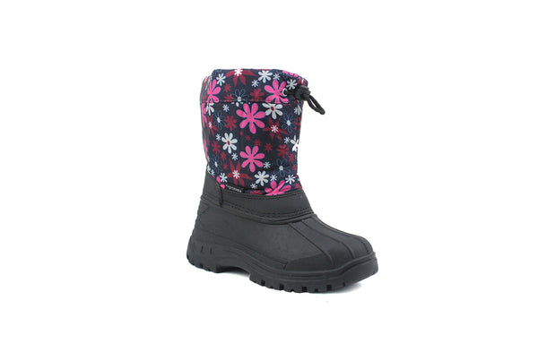 Girls Kids Youth Navy Floral Pattern Thermal Fleece Lined Water Resistant Snow Boots