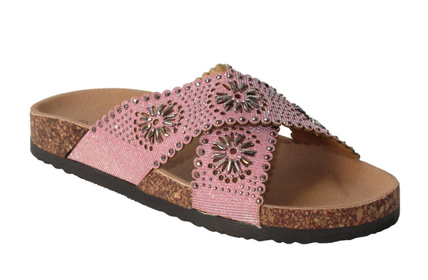 Womens Pink Diamante Flat Crisscross Strap Sandals