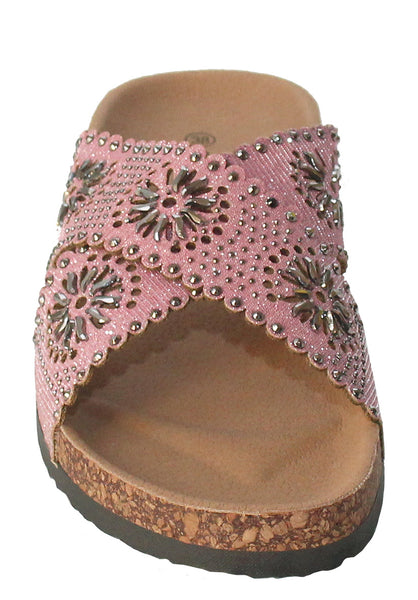Womens Pink Diamante Flat Crisscross Strap Sandals