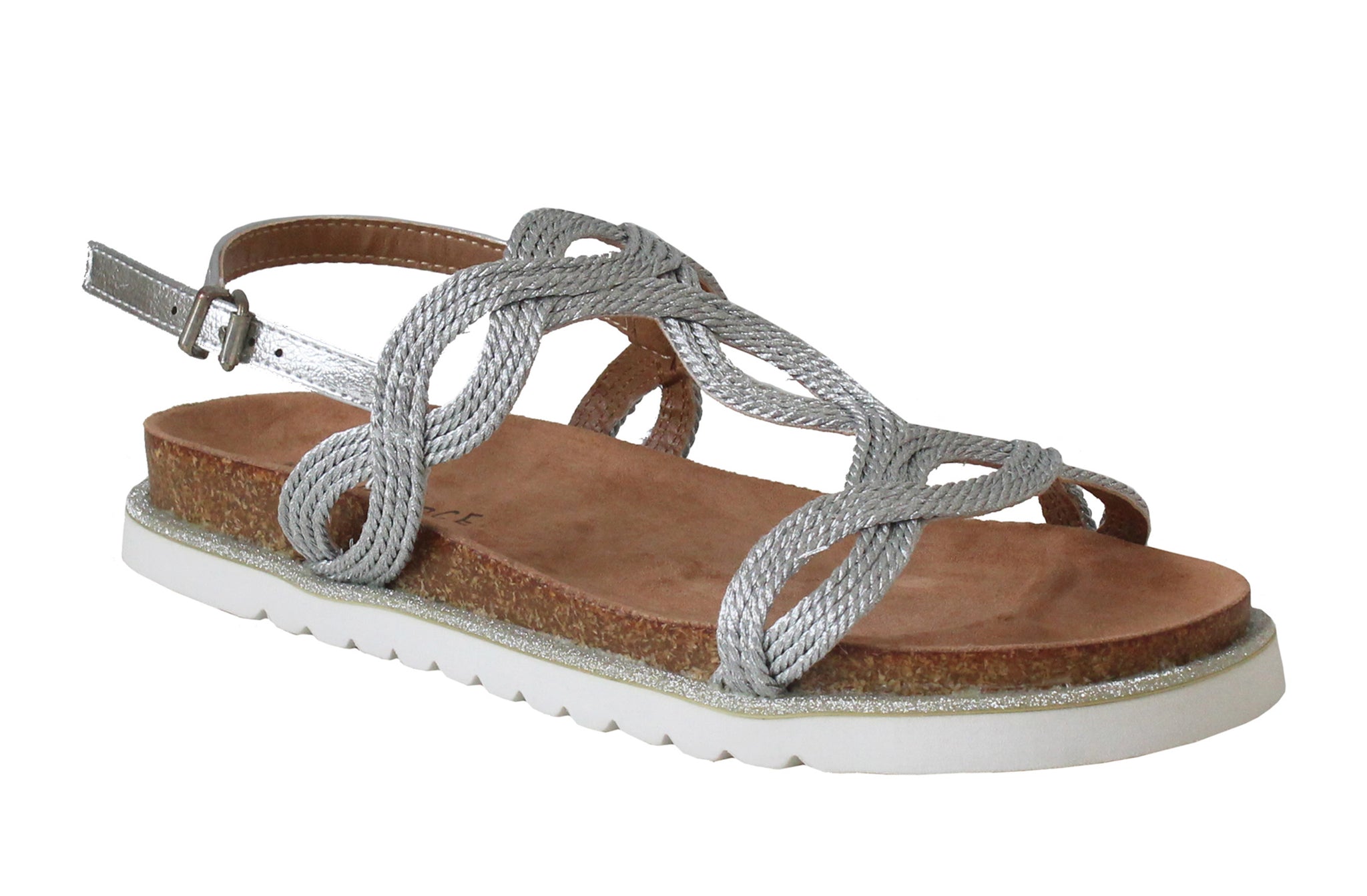 Womens Silver Buckle Woven Strap Glitter Sandals