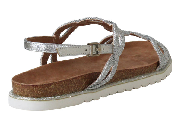 Womens Silver Buckle Woven Strap Glitter Sandals