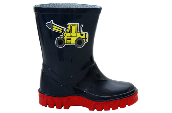 Boys Kids Navy Red Digger Puddle Rain Waterproof Wellington Boots