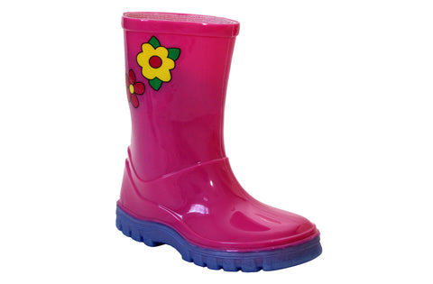 Girls Kids Pink Flowers Puddle Rain Waterproof Wellington Boots