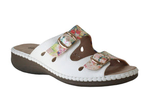 Boulevard Womens White Floral Multi Twin Buckle Mule Sandals