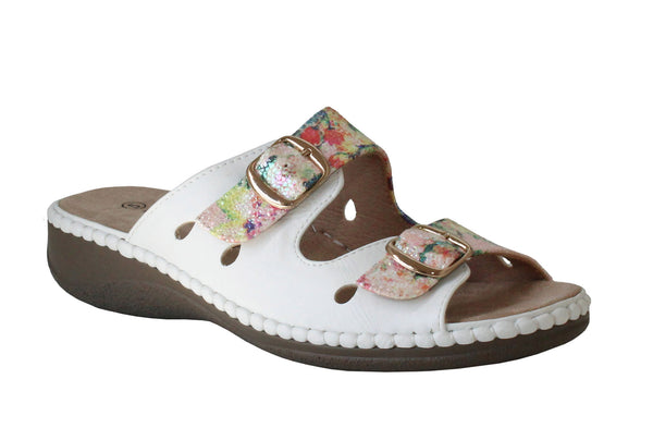 Boulevard Womens White Floral Multi Twin Buckle Mule Sandals