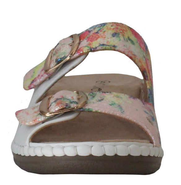 Boulevard Womens White Floral Multi Twin Buckle Mule Sandals