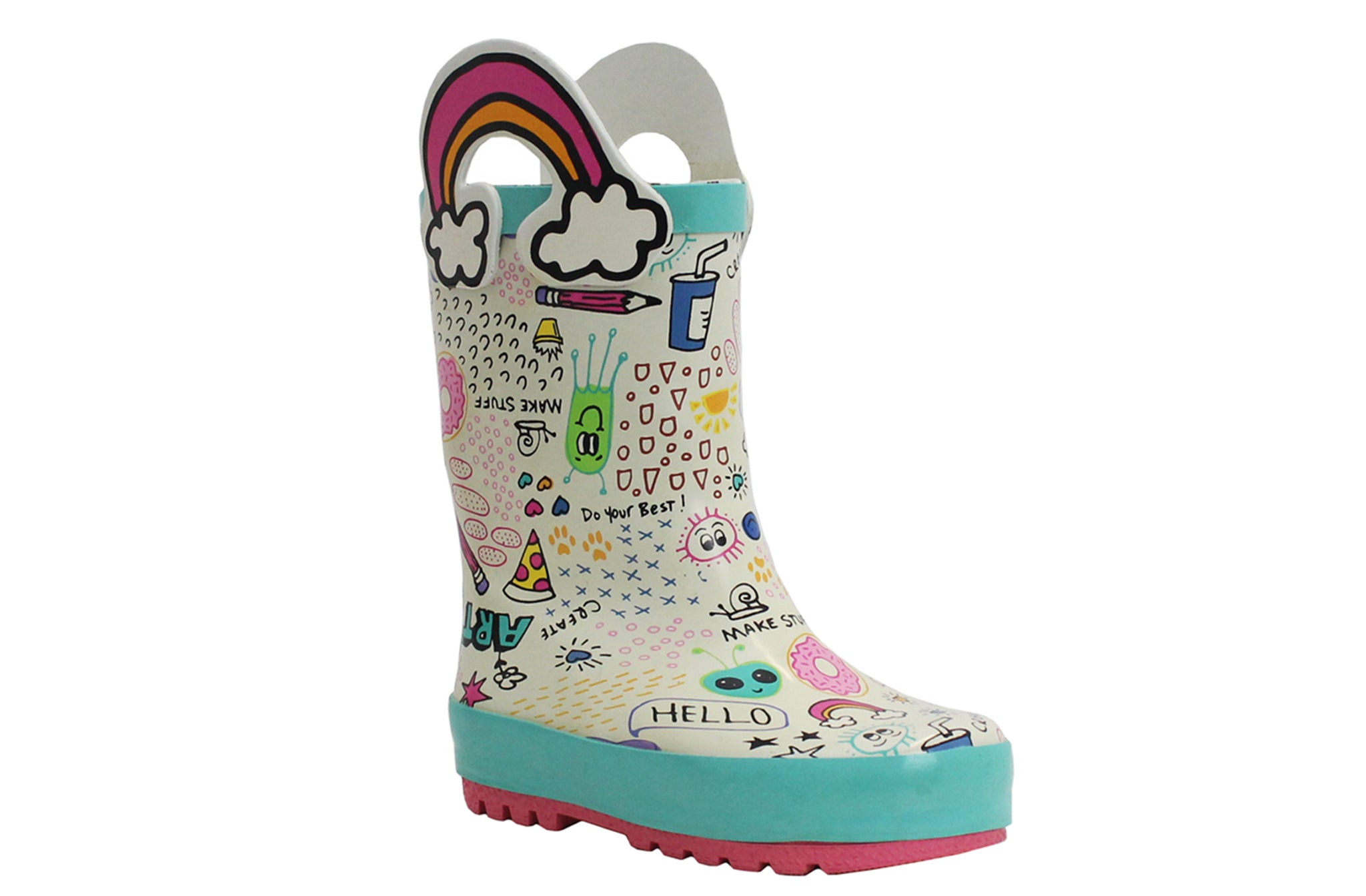 Girls Kids White Pink Rainbow Waterproof Rain Puddle Wellingtons Boots